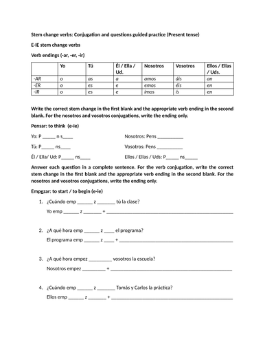 Stem change verbs: Conjugation and questions guided practice (Present tense)