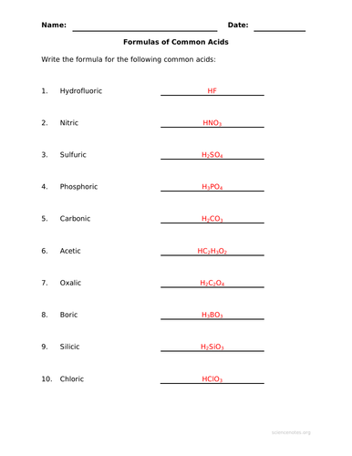 GCSE Acid Formulas Worksheet and Answers