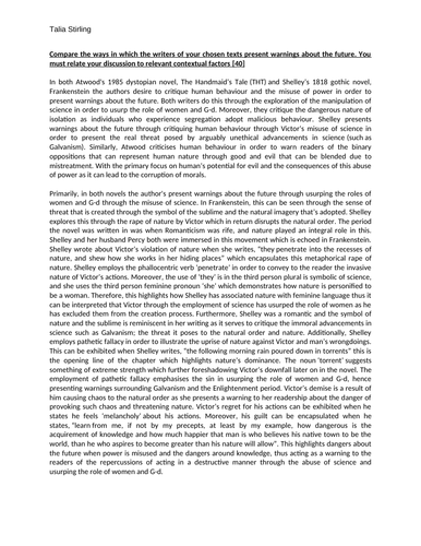 Model A* FULL MARKS Prose essay on warnings about the future [Frankenstein + THt]