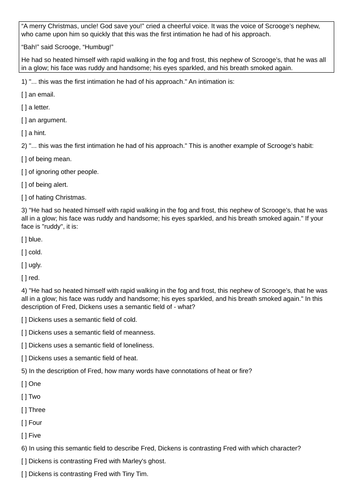 "A Christmas Carol" Stave 1 Fred Multiple Choice Quiz Starter HW Revision