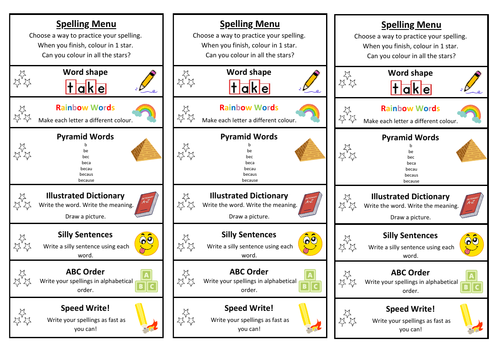 FREE - Spelling 'Menu' Practice Activities