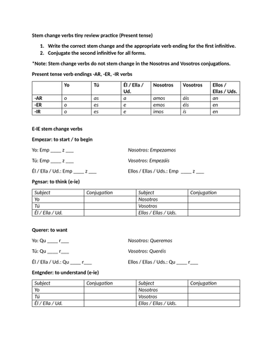Stem change verbs tiny review practice (Present tense)