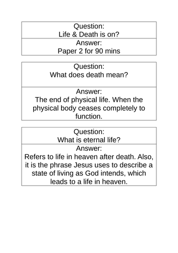 Religious Education WJEC EDUQAS Paper 2 Flash Cards - Life & Death