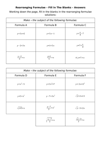 Rearranging Formulae - Fill In The Blanks