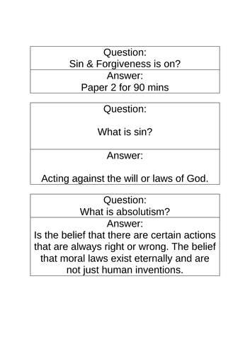 Religious Education WJEC EDUQAS Paper 2 Flash Cards - Sin & Forgiveness