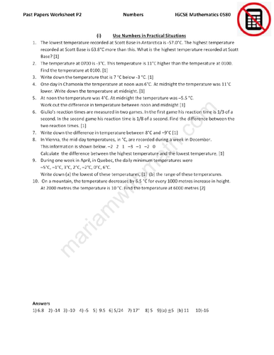 Numbers : IGCSE Mathematics 0580 Past Papers Worksheet