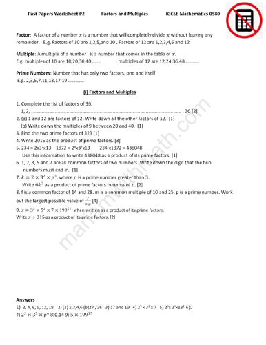 Factors and Multiples  : IGCSE Mathematics 0580 Past Papers Worksheet.