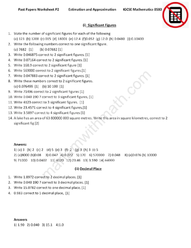 Estimation and Approximation : IGCSE Mathematics 0580 Past Papers Worksheet