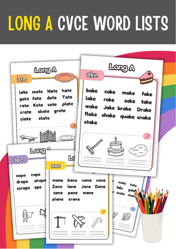 LONG A CVCE WORD LISTS. Read, find and color.