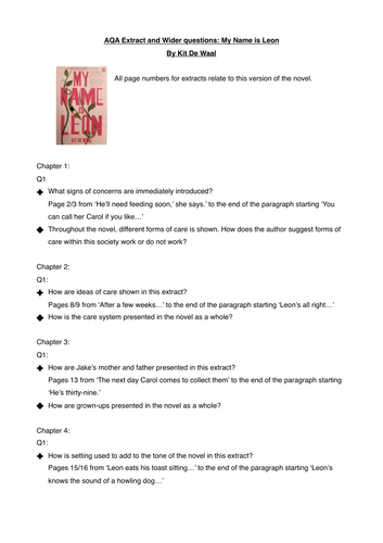 My Name is Leon comprehension questions based on extract followed by  wider style GCSE questions