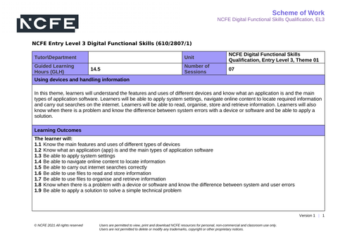 Digital Functional Skills EL3 Scheme of Work