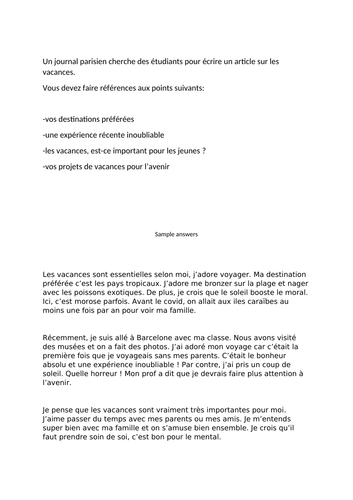 Model writing answer- holidays (French)