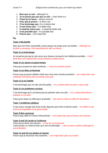 Subjunctive sentences per topic French GCSE