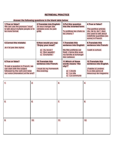 French lesson warm up activity for beginners A2 to B1