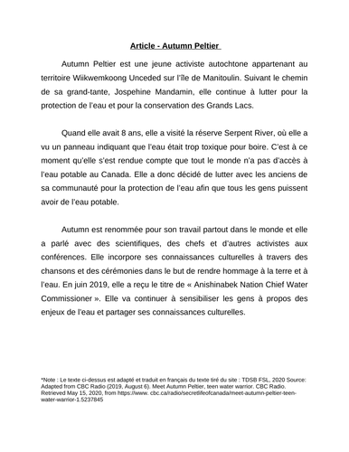 Activities in French on Autumn Peltier Indigenous activist