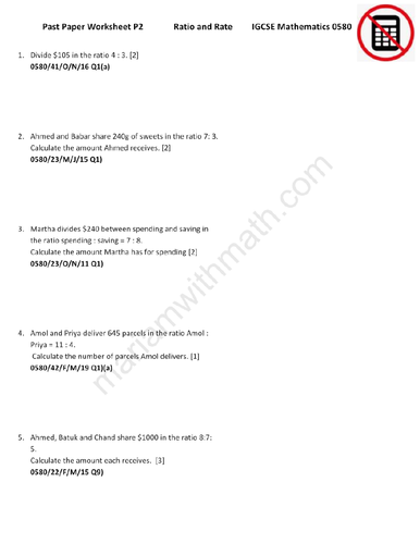 Ratios : IGCSE Mathematics 0580 Past Papers Worksheet