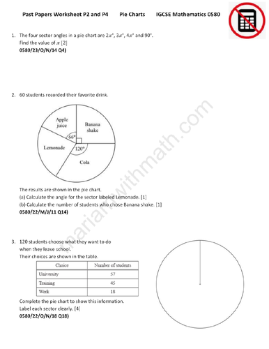 Pie Charts : IGCSE Mathematics 0580 Past Papers Worksheet