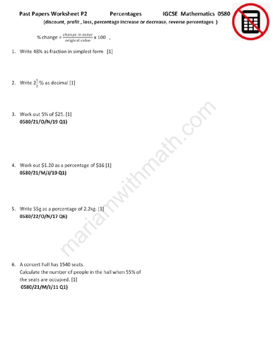 Percentages : IGCSE Mathematics 0580 Past Papers Worksheet