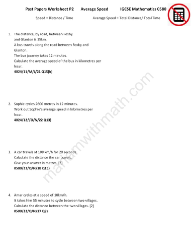 Average Speed  : IGCSE Mathematics 0580 Past Papers Worksheet