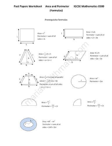 Area and Perimeter : IGCSE Mathematics 0580 Past Papers Worksheet