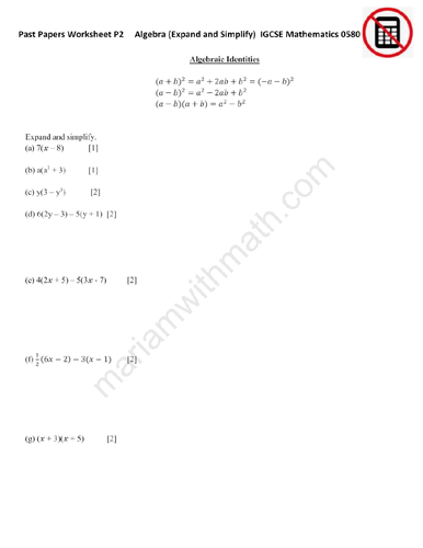 Algebra : IGCSE Mathematics 0580 Past Papers Worksheet