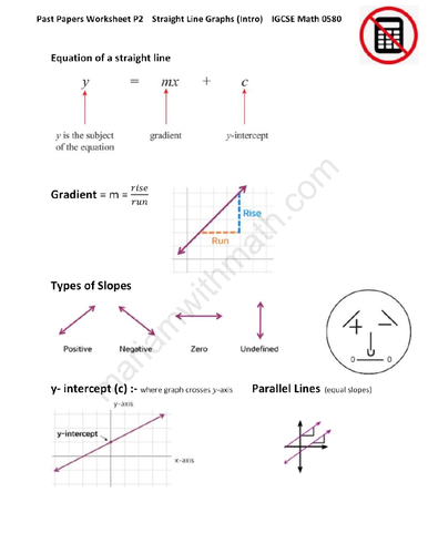 Straight Line Graphs  : IGCSE Mathematics 0580 Past Papers Worksheet.