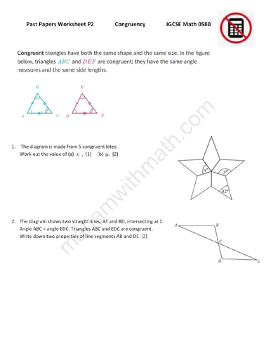 Congruency and Lengths of Similar Shapes : : IGCSE Mathematics 0580 Past Papers Worksheet
