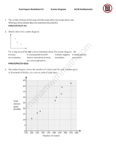 Scatter  Diagram : IGCSE Mathematics 0580 Past Papers Worksheet