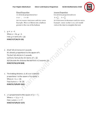 Direct and Inverse Proportion : IGCSE Mathematics 0580 Past Papers Worksheet