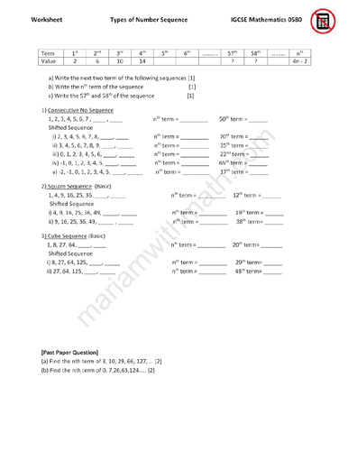 Number Sequence  : IGCSE Mathematics 0580 Past Papers Worksheet
