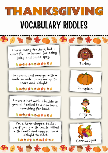 Thanksgiving Vocabulary Riddles | Thanksgiving ESL Activity | Guess the Word Game