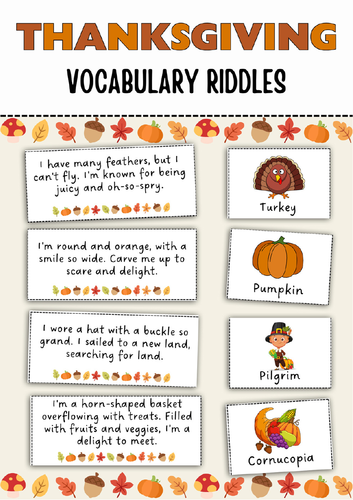 Thanksgiving vocabulary riddles.