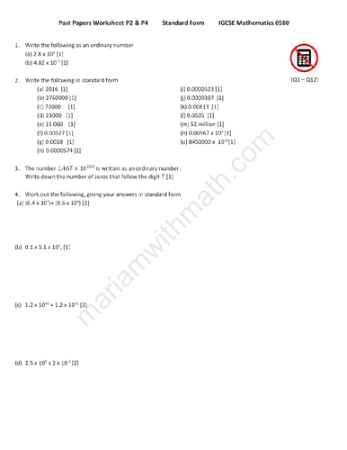 Standard Form : IGCSE Mathematics 0580 Past Papers Worksheet.