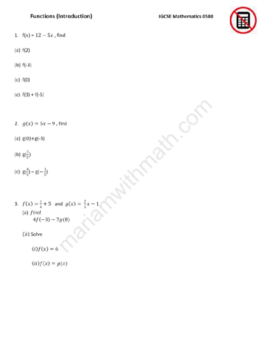Functions : IGCSE Mathematics 0580 Past Papers Worksheet