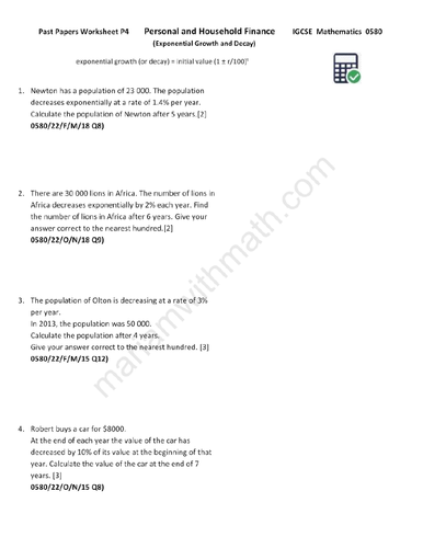 Exponential Growth and Decay :  IGCSE Mathematics 0580 Past Papers Worksheet