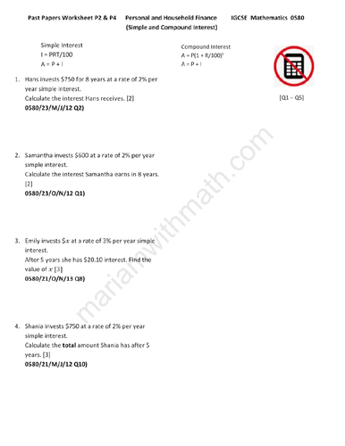 Simple and Compound Interest   : IGCSE Mathematics 0580 Past Papers Worksheet