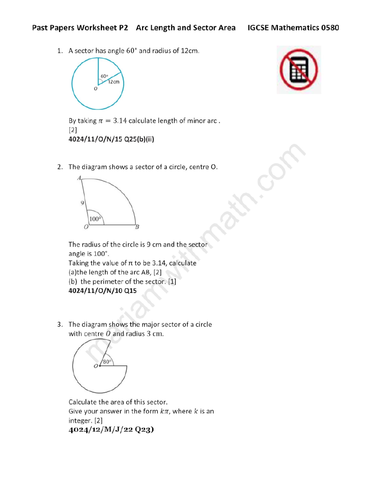 Length of Arc and Area of Sector : IGCSE Mathematics 0580 Past Papers Worksheet