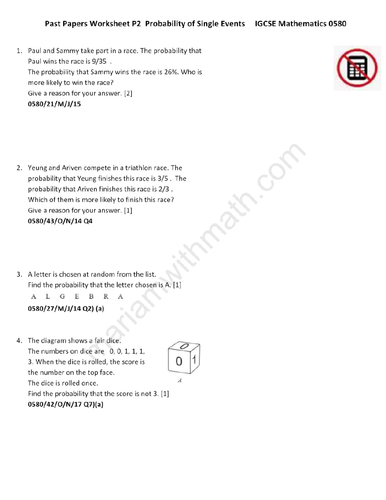 Probability : IGCSE Mathematics 0580 Past Papers Worksheet