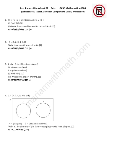 Sets : IGCSE Mathematics 0580 Past Papers Worksheet