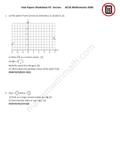 Vectors  : IGCSE Mathematics 0580 Past Papers Worksheet