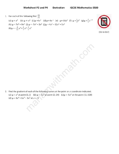 Derivatives  : IGCSE Mathematics 0580 Past Papers Worksheet