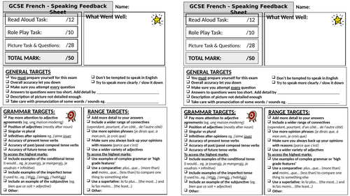 GCSE French Speaking Test Feedback Sheet [Updated for New GCSE Spec for 2026]