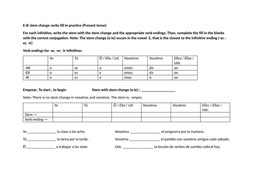 E-IE stem change verbs fill in practice (Present tense)