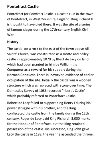 Pontefract (or Pomfret) Castle Handout
