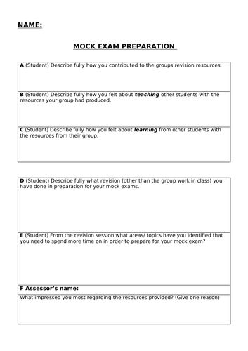Feedback form for preparation for mock exams -pair/ group assessment