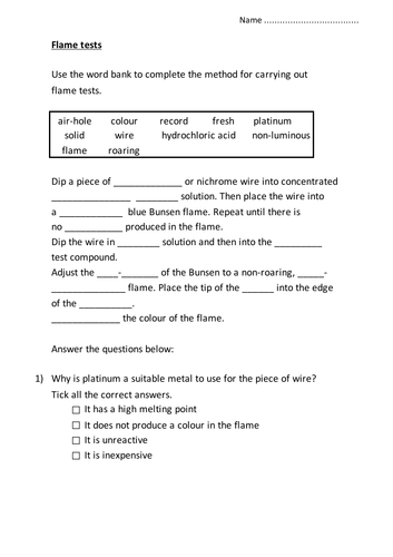 Flame Tests Worksheet - Chemistry GCSE