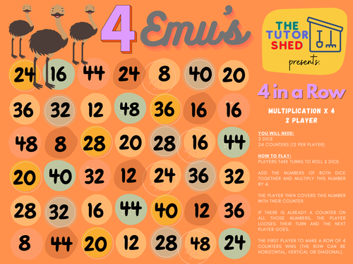 The Tutor Shed Presents - 4 Emus 4 in a Row - 4 Times Tables Board Game