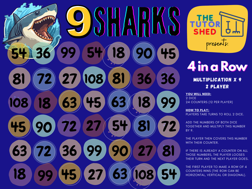The Tutor Shed Presents - 9 Sharks 4 in a Row - 9 Times Tables Board Game