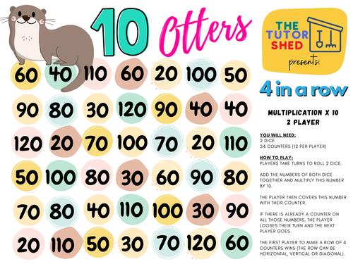 The Tutor Shed Presents - 10 Otters 4 in a Row - 10 Times Tables Board Game