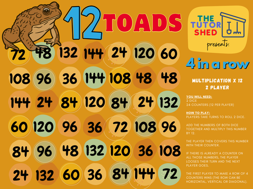 The Tutor Shed Presents - 12 Toads 4 in a Row - 12 Times Tables Board Game